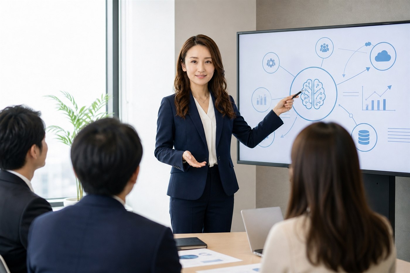 AIの仕組みを図で解説しながら、社内で一緒に学ぶ様子