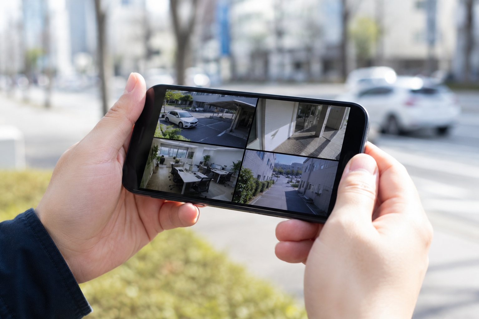 外出先からスマートフォンで防犯カメラの映像を確認するイメージ