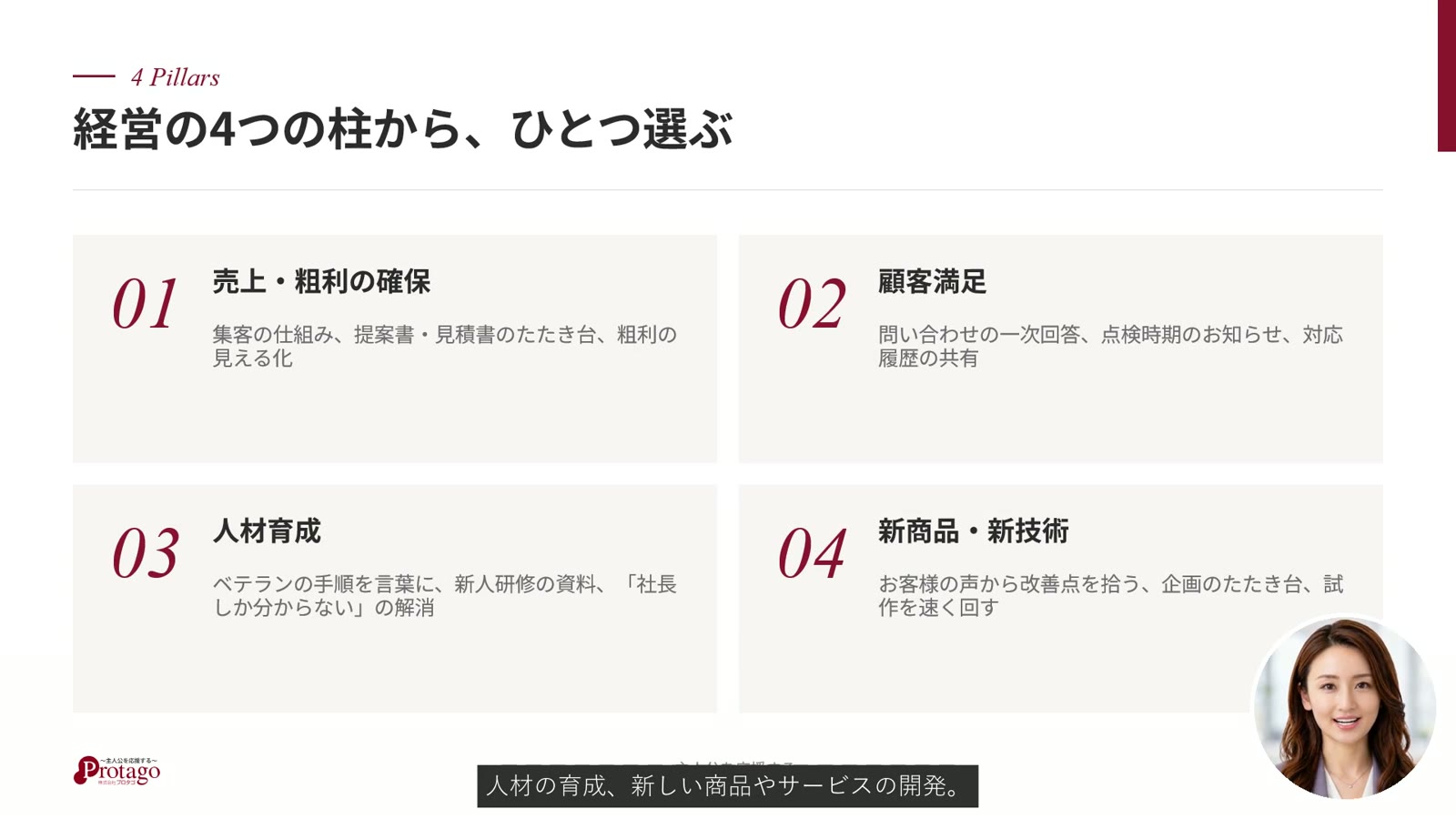 解説動画の一場面。スライドに字幕と、右下にAIコーディネーターの丸い映像